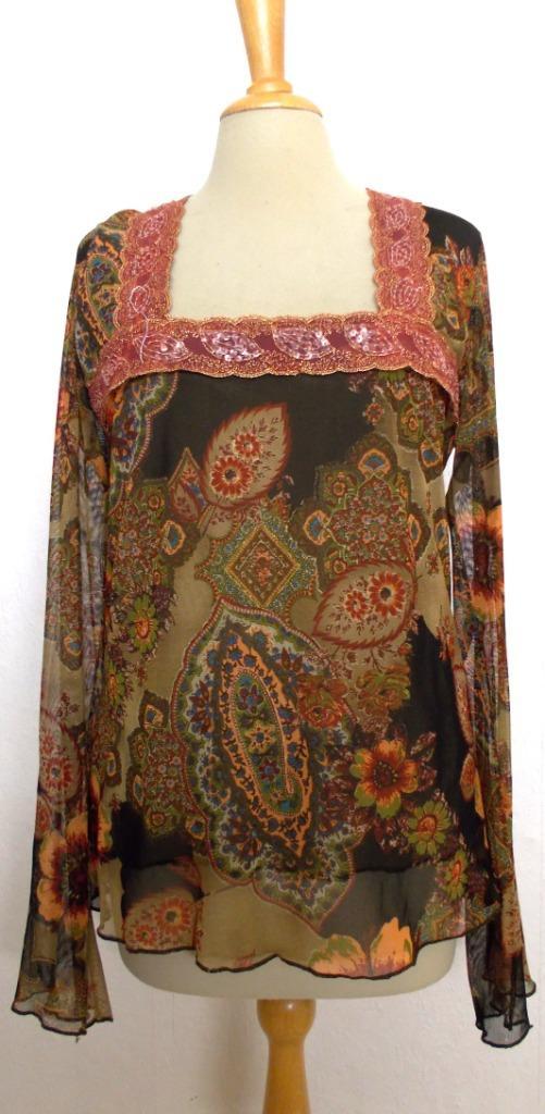Mooie bewerkte stretch print top van Klaus Dilkrath! M, Kleding | Dames, Tops, Zo goed als nieuw, Maat 38/40 (M), Bruin, Lange mouw