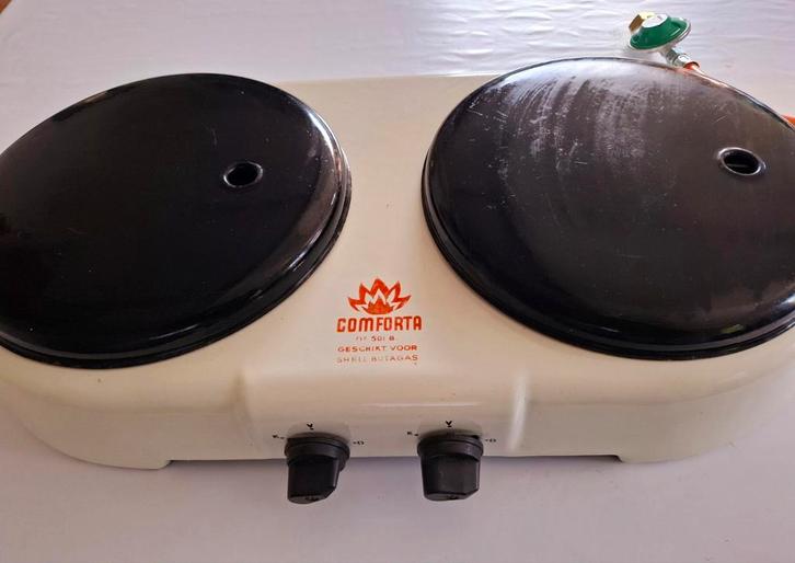 Mooi geëmailleerd 2 pits gasstel op butagas, Witgoed en Apparatuur, Kookplaten, Gebruikt, Vrijstaand, Gas, 3 kookzones of minder