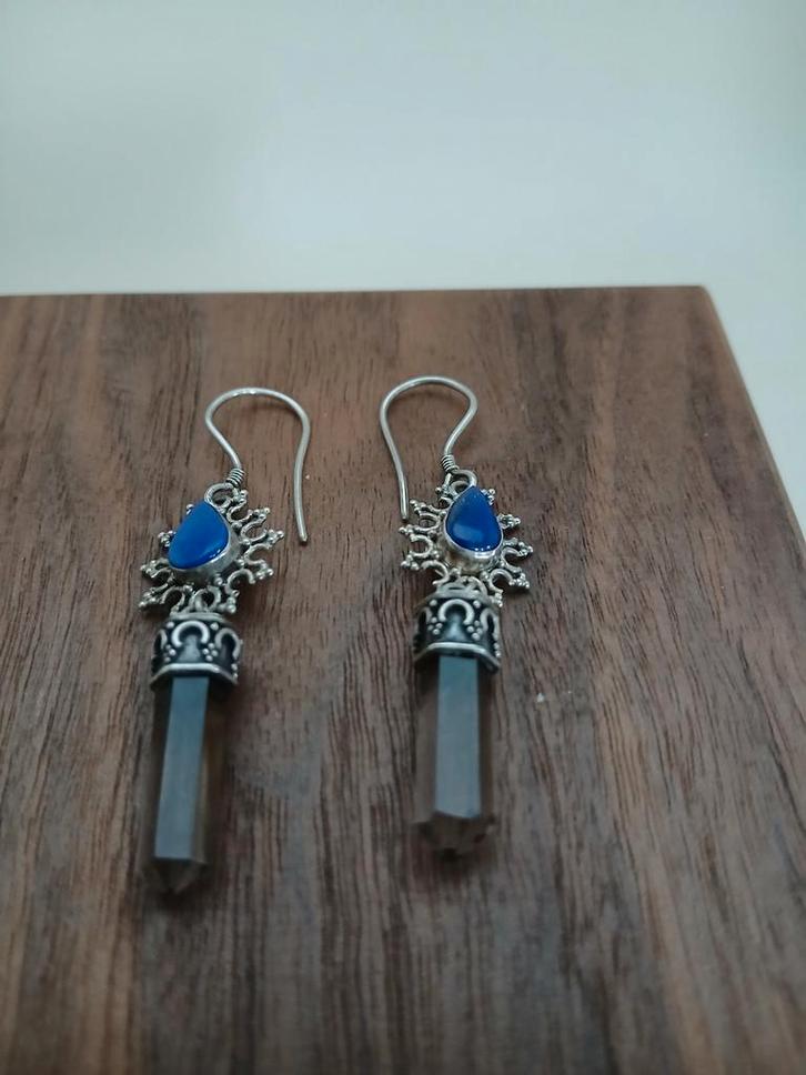 Zilveren Oorhangers Lapis Lazuli & Rookkwarts, Sieraden, Tassen en Uiterlijk, Oorbellen, Nieuw, Hangers, Zilver, Blauw, Met edelsteen