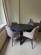 Zwart eiken ronde eettafel met vier suède stoelen, 100 tot 150 cm, 100 tot 150 cm, Rond, Vier personen