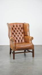Klassieke rundleren Engelse chesterfield oorfauteuil, Huis en Inrichting, Fauteuils, Ophalen, Gebruikt, ., .