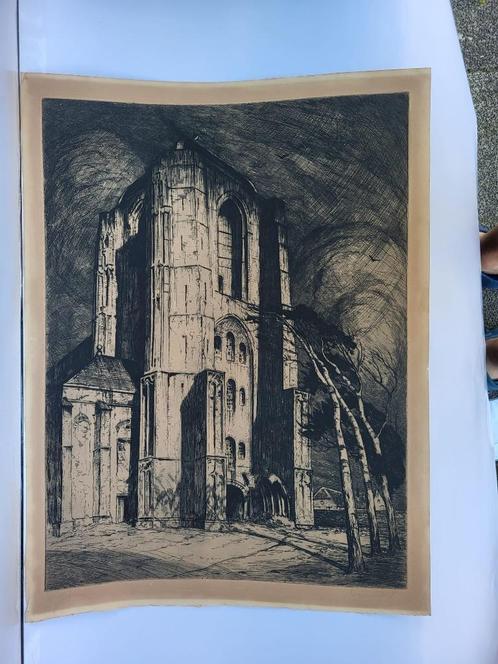 Lücker, Eugène - Kerktoren van Veere uit het noordwesten Ets, Antiek en Kunst, Kunst | Etsen en Gravures, Ophalen of Verzenden