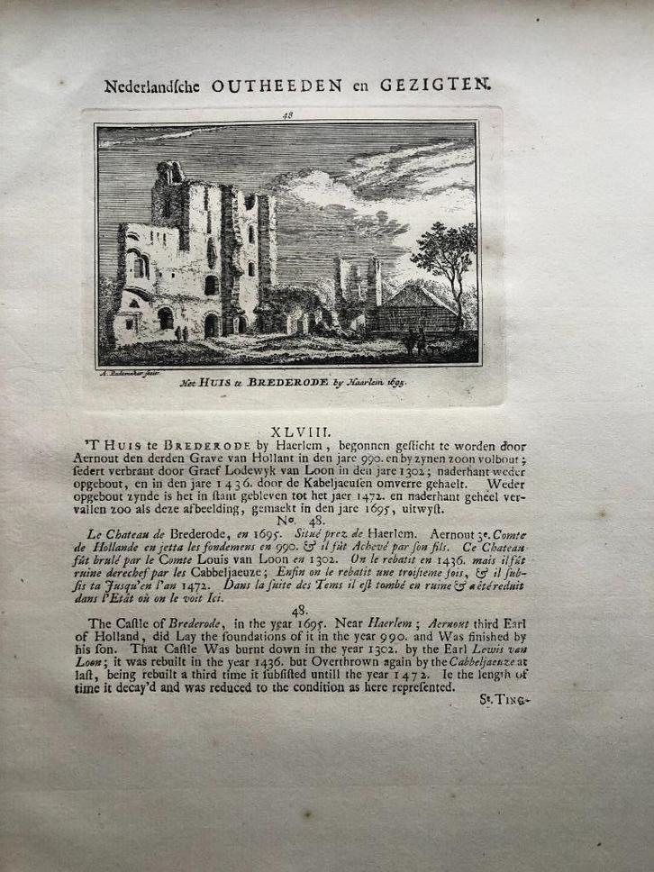 048 / Haarlem het Huis te Brederode Kopergravure 1725, Antiek en Kunst, Kunst | Etsen en Gravures, Ophalen of Verzenden