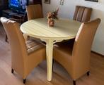 4 Lederen eetkamer stoelen en Hemelaer furniture tafel, Ophalen, Gebruikt, Bruin, Leer