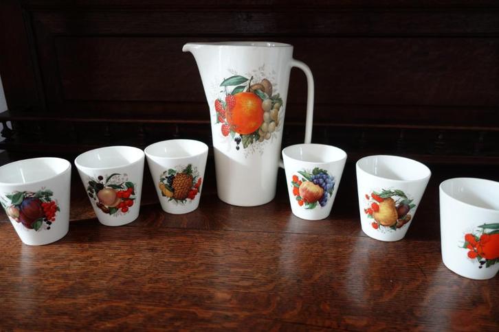 Retro ceramique Juice kan + 6 bekers Boch Keramis La Louviér, Verzamelen, Porselein, Kristal en Bestek, Zo goed als nieuw, Overige typen