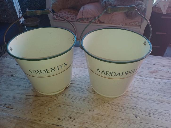 Emaille Emmer Set 'Aardappelen & Groenten' Landelijk, Huis en Inrichting, Woonaccessoires | Kisten, Ophalen of Verzenden