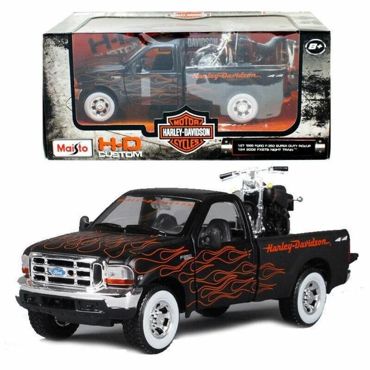 FORD F-350 SUPER DUTY PICK UP 1999 + FXSTB NIGHT TRAIN, Hobby en Vrije tijd, Modelauto's | 1:24, Nieuw, Auto, Maisto, Ophalen of Verzenden