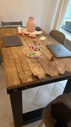 Houten tafel (steenschot) met stalen onderstel, Ophalen, Gebruikt, 100 tot 150 cm, 50 tot 100 cm