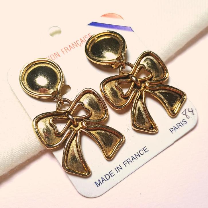 Vintage Franse oorbellen clips goudkleurig strik jaren '80, Sieraden, Tassen en Uiterlijk, Oorbellen, Zo goed als nieuw, Hangers