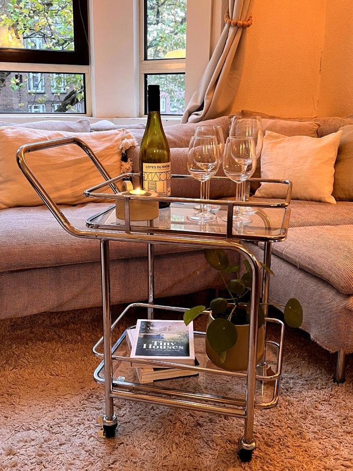 Messing serveerwagen, Huis en Inrichting, Tafels | Sidetables, Zo goed als nieuw, 50 tot 75 cm, 50 tot 100 cm, Rechthoekig, Glas