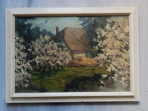 H van Hoppe - Boerderij met bloesem bomen 1930, Antiek en Kunst, Kunst | Schilderijen | Klassiek, Ophalen of Verzenden