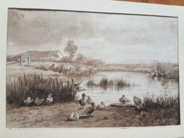 orig. aquarel aquatint H. D. Kruseman van Elten eendjes plas, Antiek en Kunst, Kunst | Schilderijen | Klassiek, Ophalen