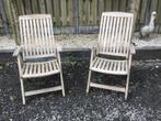 2 mooi vergrijsde teakhouten stoelen, verstelbare rugleuning, Ophalen, Gebruikt