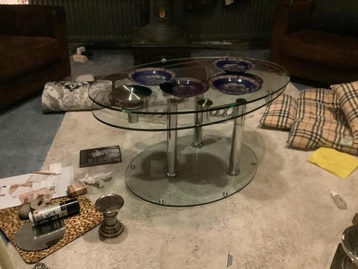Multifunctionele ovale salontafel met glazen blad, Huis en Inrichting, Tafels | Salontafels, Gebruikt, Minder dan 50 cm, 50 tot 100 cm