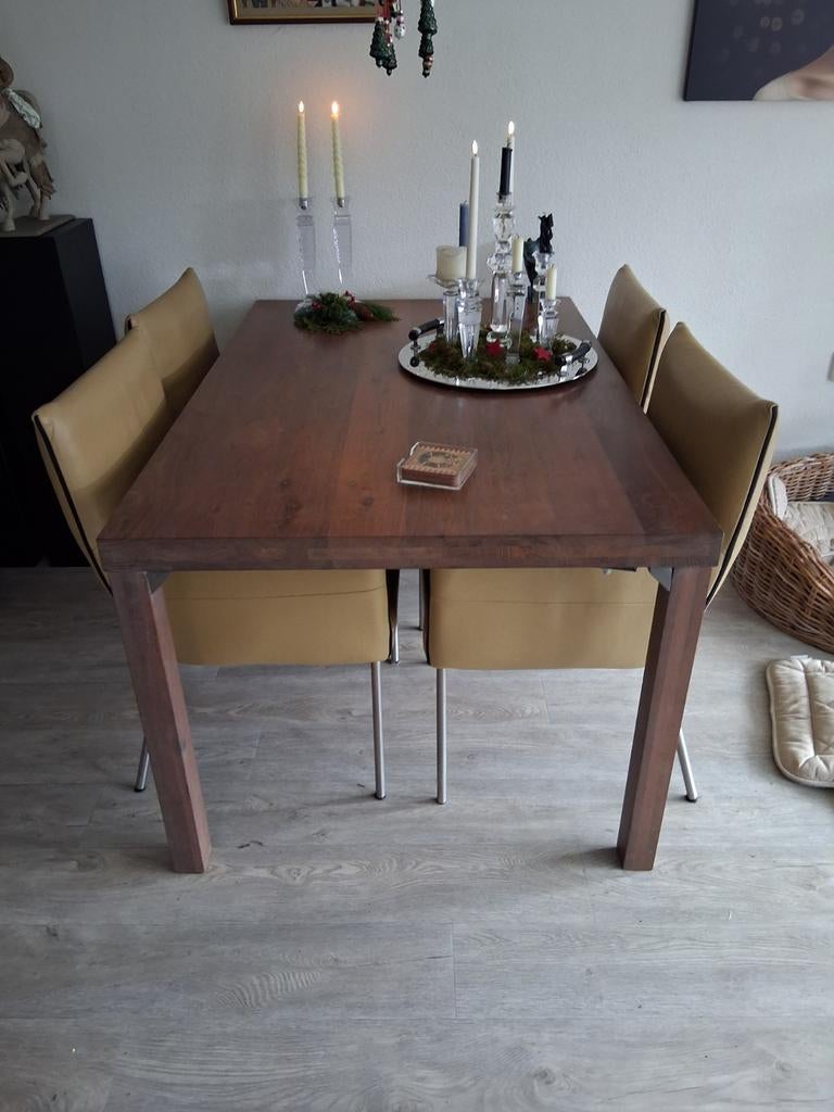 Eettafel gerookt eiken 150/90 verlengen 2maal met 50 cm., Ophalen of Verzenden, 8 stoelen of meer
