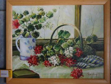 OLIEVERF OP LINNEN * MAND GERANIUMS * In Lijst * beschikbaar voor biedingen