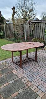 Teak houten tuintafel uitschuifbaar L120-180 bij B100, Ophalen, Gebruikt, Ovaal, Hout
