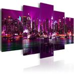 825 Paars New York Skyline 5 Luik Canvas Schilderij 200x100, Antiek en Kunst, Kunst | Schilderijen | Modern, Ophalen of Verzenden