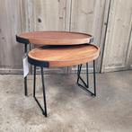 Bijzettafel, set van 2 ovaal. Zwaar massief hout met metaal, Ophalen, Minder dan 55 cm, Gebruikt, Hout