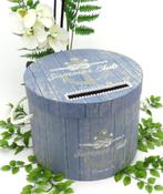 Luxe ronde blauw/grijs 'Summer Club' enveloppendoos., Hobby en Vrije tijd, Ophalen of Verzenden, Nieuw, Feestartikel, Geboorte of Huwelijk