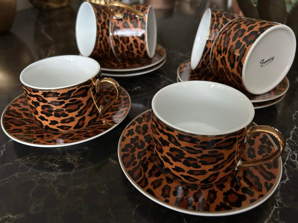 6 Nieuwe Kop en Schotels - Panterprint, Huis en Inrichting, Keuken | Servies, Keramiek, Nieuw, Ophalen of Verzenden, Overige stijlen