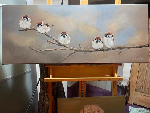 Even bijpraten, schilderij musjes, Antiek en Kunst, Kunst | Schilderijen | Modern, Ophalen of Verzenden