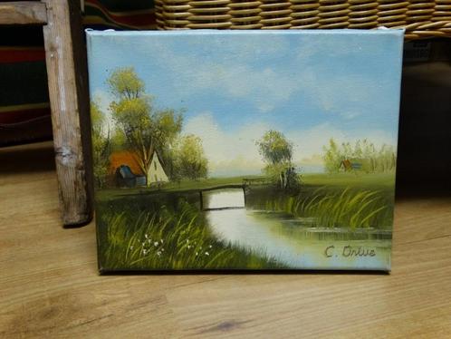 mooi klein olieverf schilderij boerderij Hollands landschap, Antiek en Kunst, Kunst | Schilderijen | Klassiek, Ophalen of Verzenden