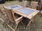 Grote eiken tuintafel met hardhouten stoelen, Ophalen, Gebruikt