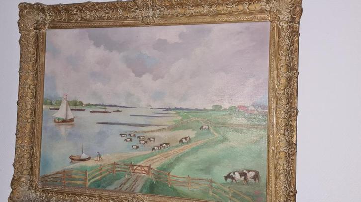 Schilderij Koeien aan de rivier 84x64, Antiek en Kunst, Kunst | Schilderijen | Klassiek, Ophalen of Verzenden
