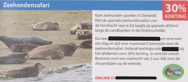 Zeehondensafari, Bruinisse. 30% korting. Postcodeloterij bon, Tickets en Kaartjes, Recreatie | Dierentuinen, Drie personen of meer