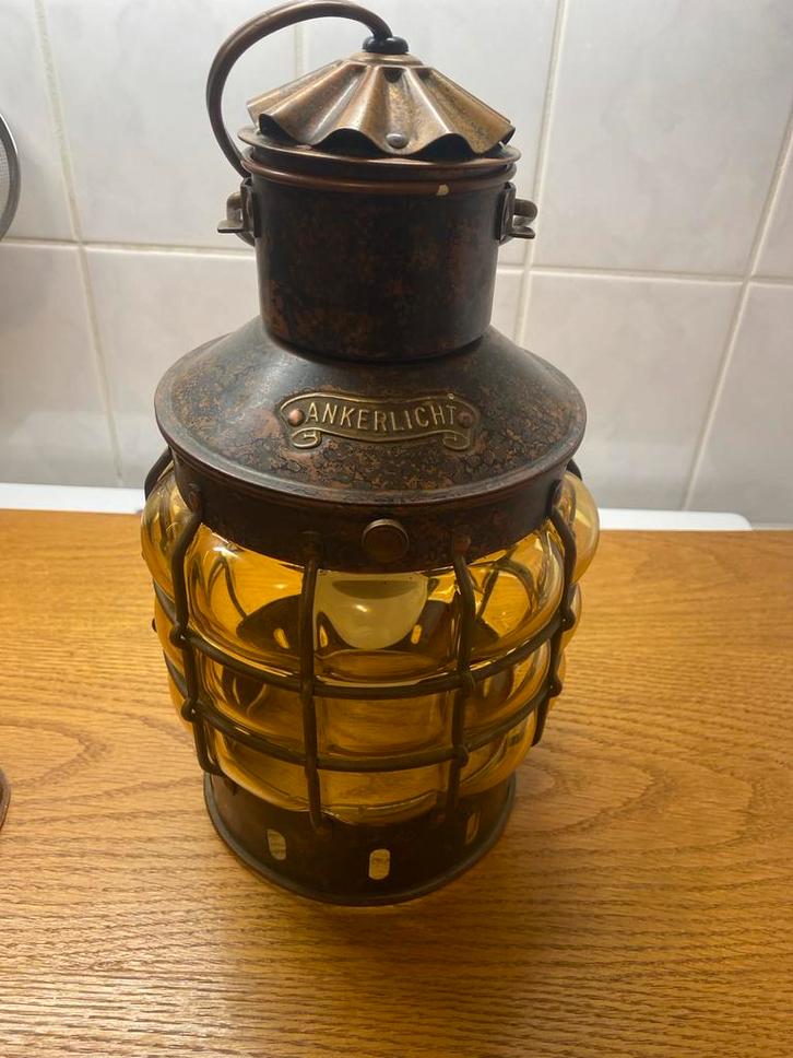 Antieke Koperen Scheepslamp Ankerlicht Amber Glas, Antiek en Kunst, Antiek | Lampen, Ophalen of Verzenden