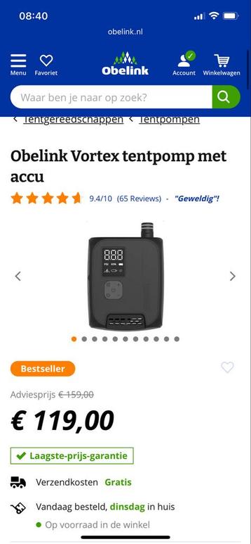 Obelink Vortex Tentpomp met Accu - Zo Goed Als Nieuw! beschikbaar voor biedingen
