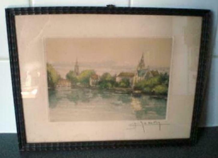 ZEEFDRUK * DORPJE AAN DE RIVIER * Sfeervol Tijdsbeeld *, Antiek en Kunst, Kunst | Litho's en Zeefdrukken, Verzenden