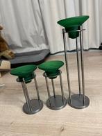 Set van 3 groene kandelaars, Gebruikt, Ophalen of Verzenden, Metaal, Groen
