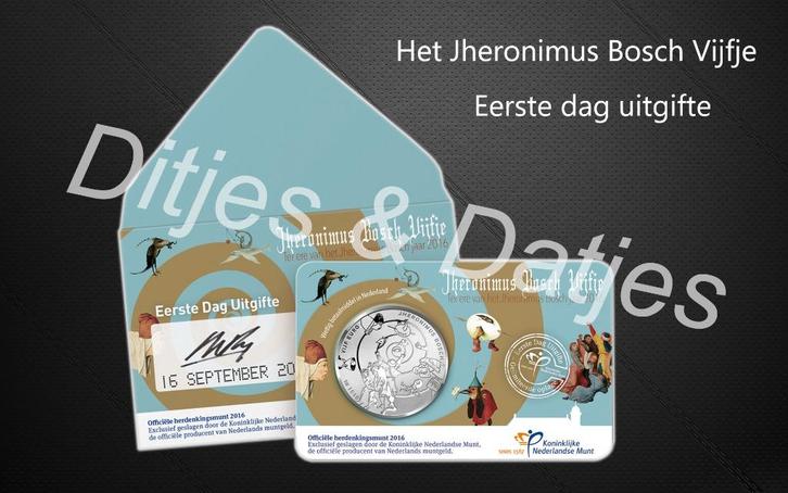 Eerste dag uitgifte Jheronimus Bosch Vijfje KNM, Postzegels en Munten, Munten | Nederland, Euro's, Koningin Beatrix, Ophalen of Verzenden
