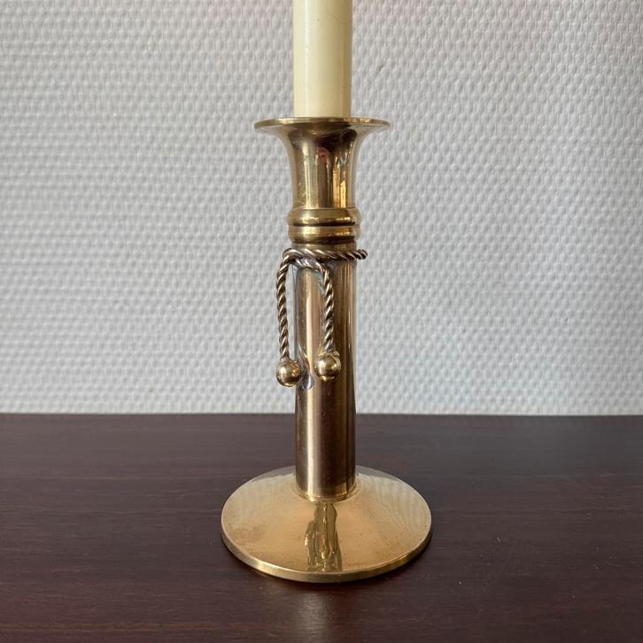 Vintage Messing Kandelaar met Geknoopt Touw Decor, Kerst, Antiek en Kunst, Antiek | Kandelaars, Koper of Brons, Ophalen of Verzenden