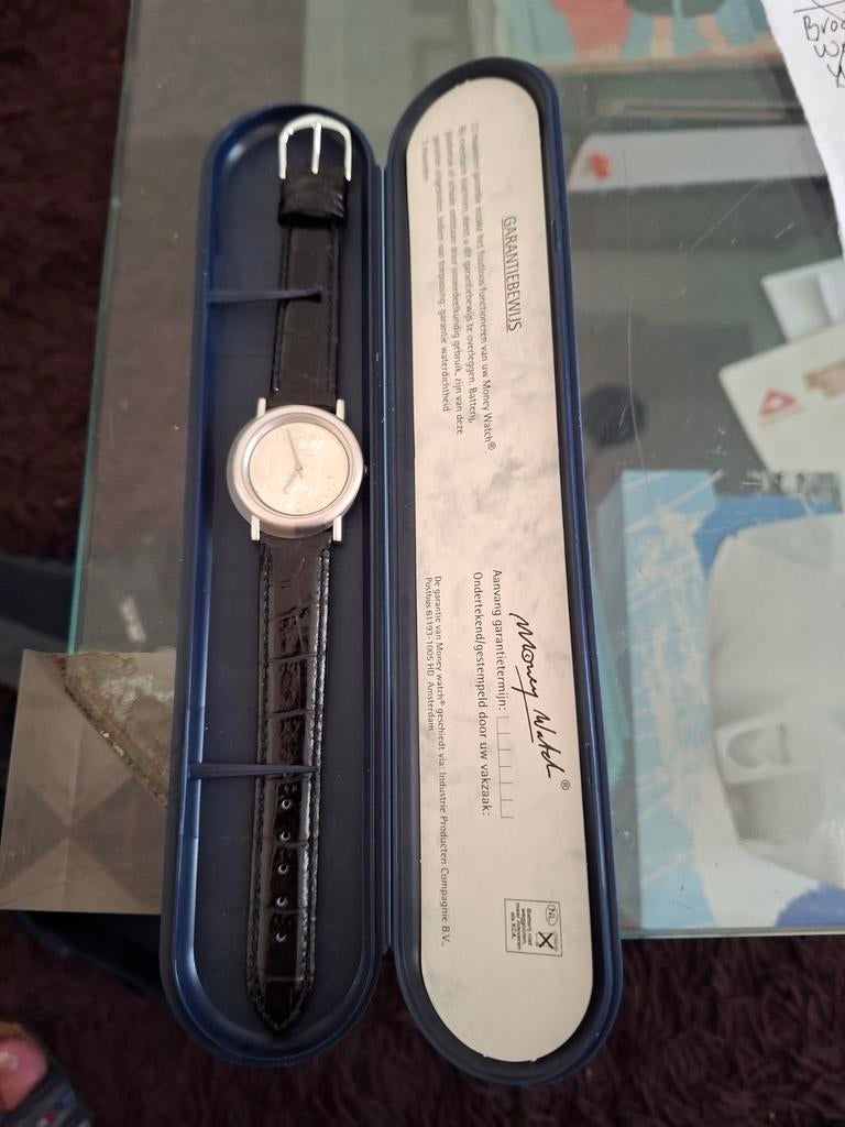 Money Watch polshorloge met gulden wijzerplaat uit 1965, Overige merken, Leer, Staal, Polshorloge