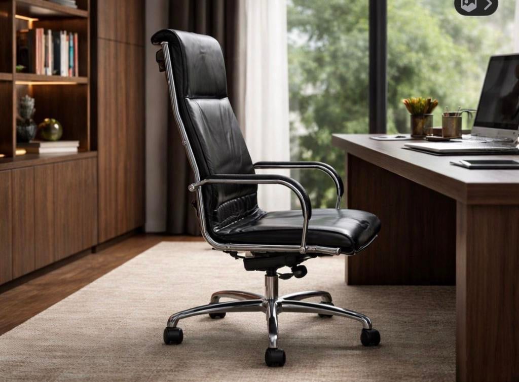 SITLAND ELEGANT STRAK DESIGN ECHT LEREN ZWARTE BUREAUSTOEL, Ophalen, Gaming bureaustoel, Gebruikt, Zwart
