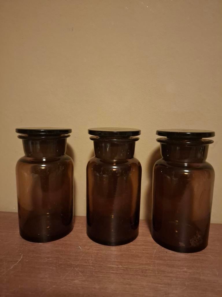 Set van 3 Vintage Apothekerspotten - Amber Glas, Antiek en Kunst, Ophalen of Verzenden