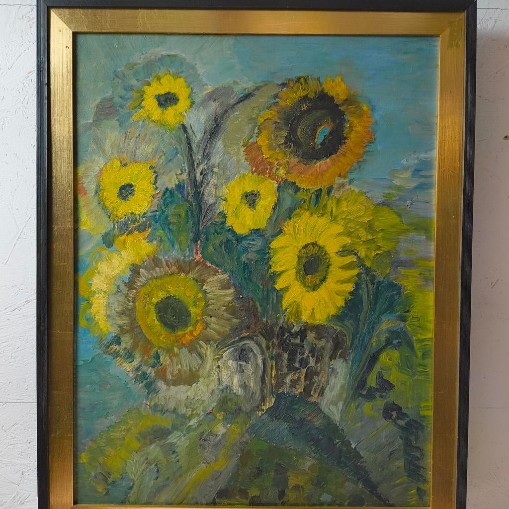 Oud olieverf op paneel zonnebloemen, Ophalen of Verzenden