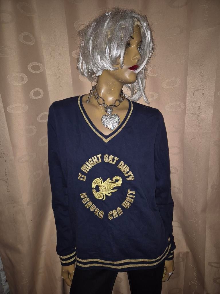 Donkerblauwe trui met opdruk nikkie maat 42, Blauw, Maat 42/44 (L), Ophalen of Verzenden, Zo goed als nieuw