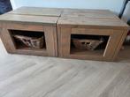2 Steigerhouten Salontafels met rieten manden, Huis en Inrichting, Tafels | Salontafels, Ophalen, Gebruikt, 50 tot 100 cm, Vierkant