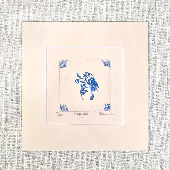 Print papegaai, blauw passe partout 15x15, handgemaakt, Huis en Inrichting, Woonaccessoires | Schilderijen, Tekeningen en Foto's
