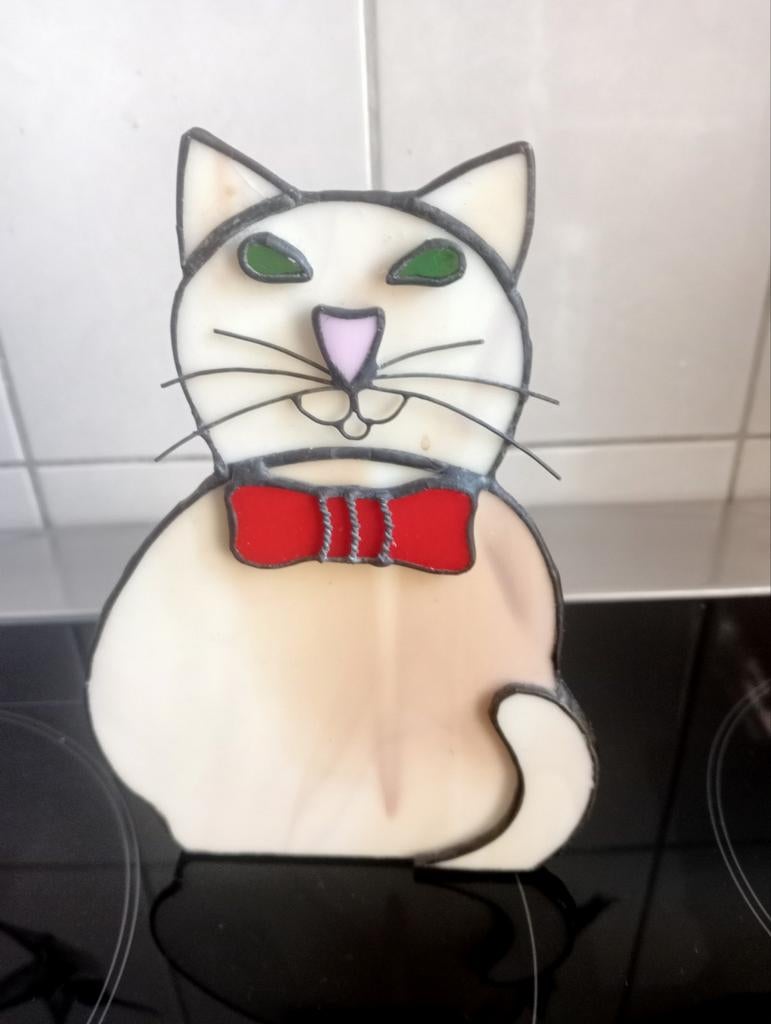 Unieke Glas-in-lood Kat Decoratie theelichtje, Ophalen of Verzenden, Gebruikt