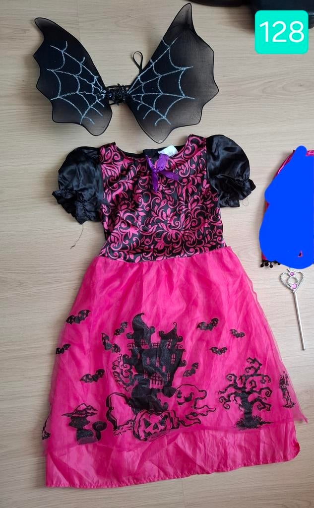 Jurkje roze heks/ roze en zwarte verkleedset 128, Ophalen of Verzenden, Zo goed als nieuw, 122 t/m 128, Meisje
