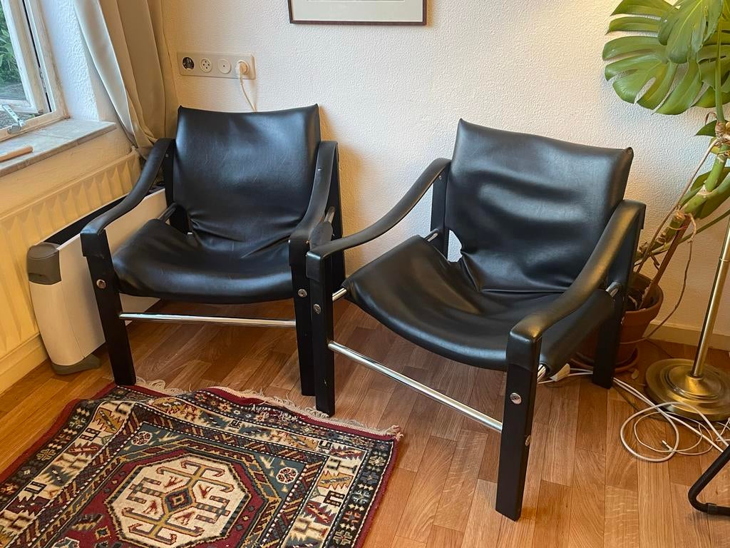 Vintage Safari Stoelen (2) van Arkana zwart leer, Huis en Inrichting, Stoelen, Ophalen, Gebruikt, Twee, Zwart