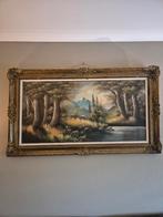 Vintage landschapsschilderij met herten – grote sierlijst, Ophalen