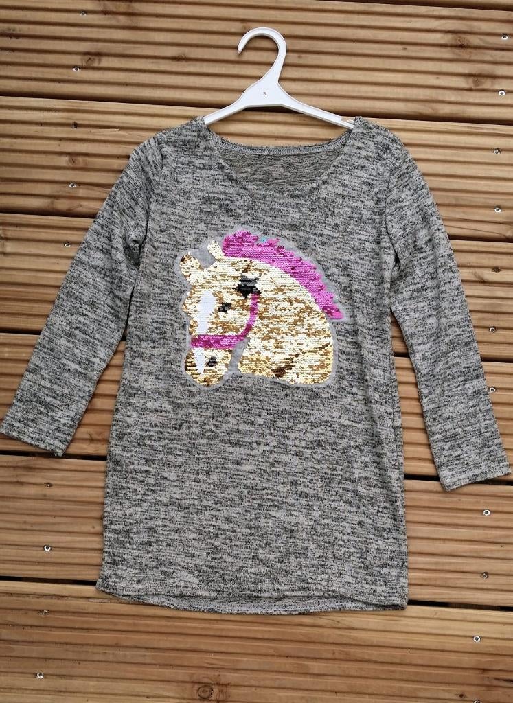 Tuniek 2 kanten pailletten Paard - Donker Grijs mt 122/128., Kinderen en Baby's, Kinderkleding | Maat 128, Meisje, Trui of Vest