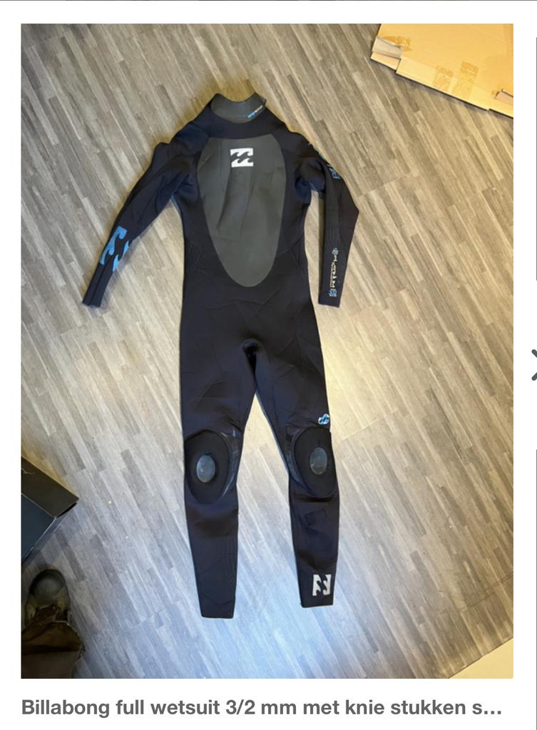 Billabong full wetsuit 3/2 mm zwart met blauwe details S/M, Ophalen of Verzenden, Zo goed als nieuw, Kind, Wetsuit