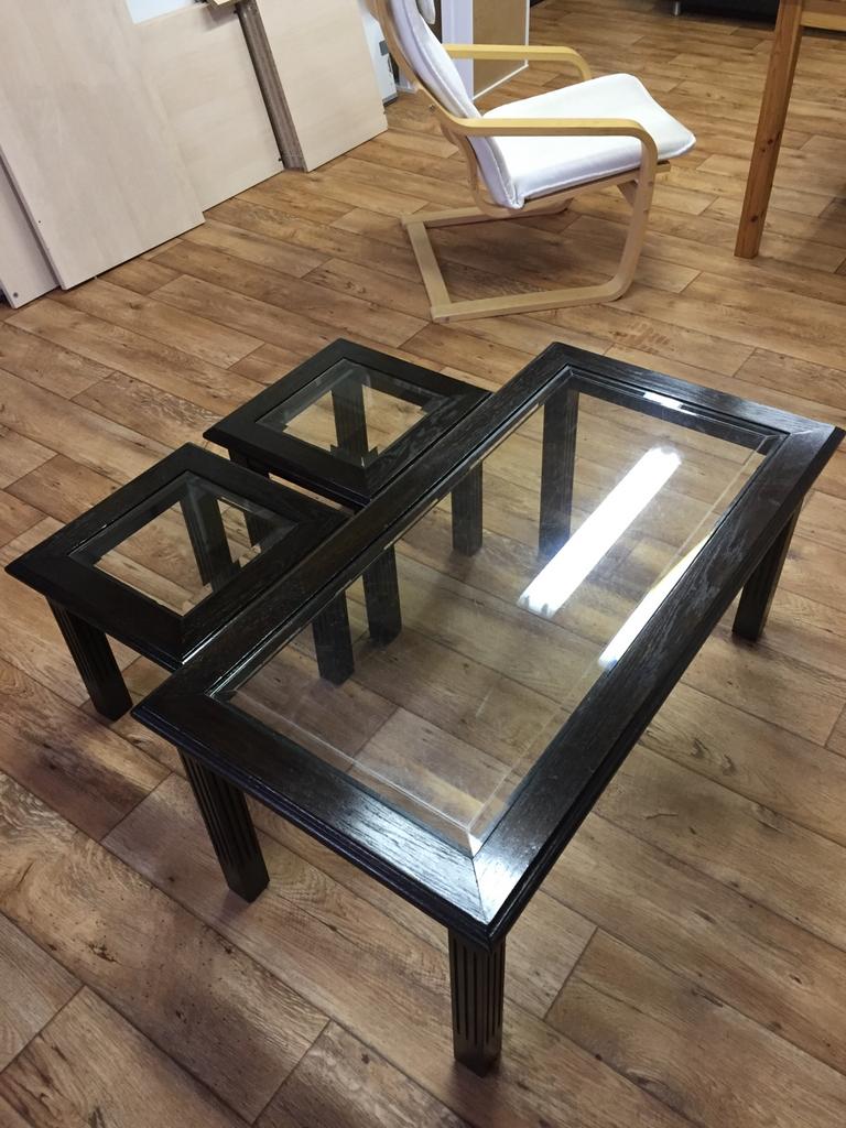 3-delige Indisch bijzondere Salontafel + 2 Bijzettafeltjes, Ophalen, Gebruikt, 100 tot 150 cm, Glas
